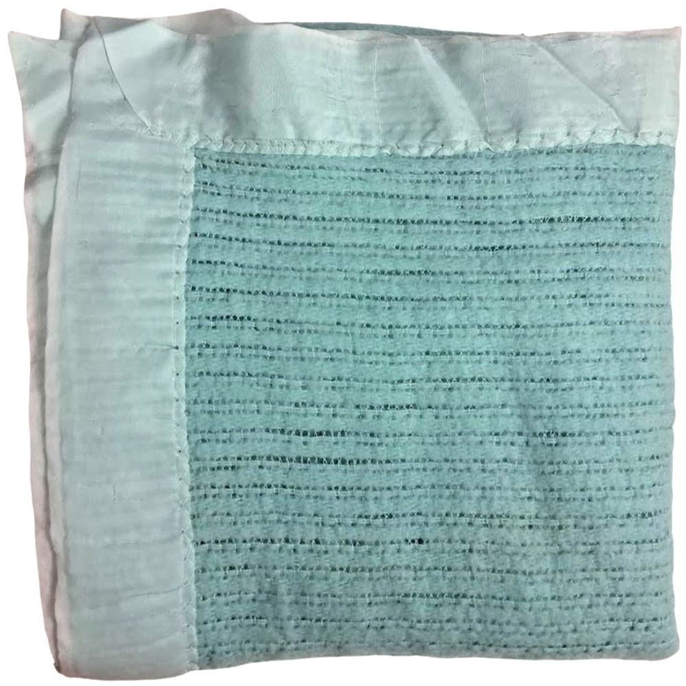 Beacon Green Open Waffle Weave Acrylic Baby Blanket Nylon Trim Vintage 36" x 50"
